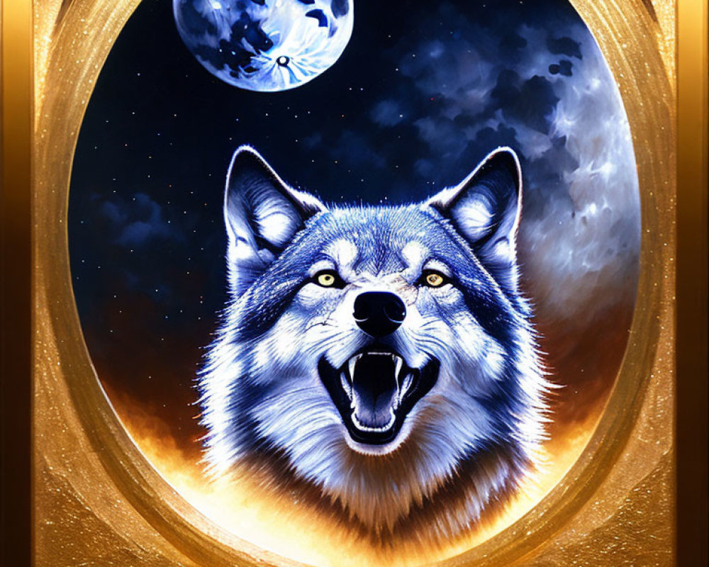 Colorful wolf head with open mouth under starry night sky and full moon in gold frame