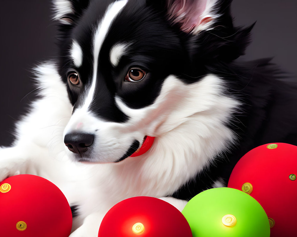 Monochrome dog with red collar in red and green ball setting