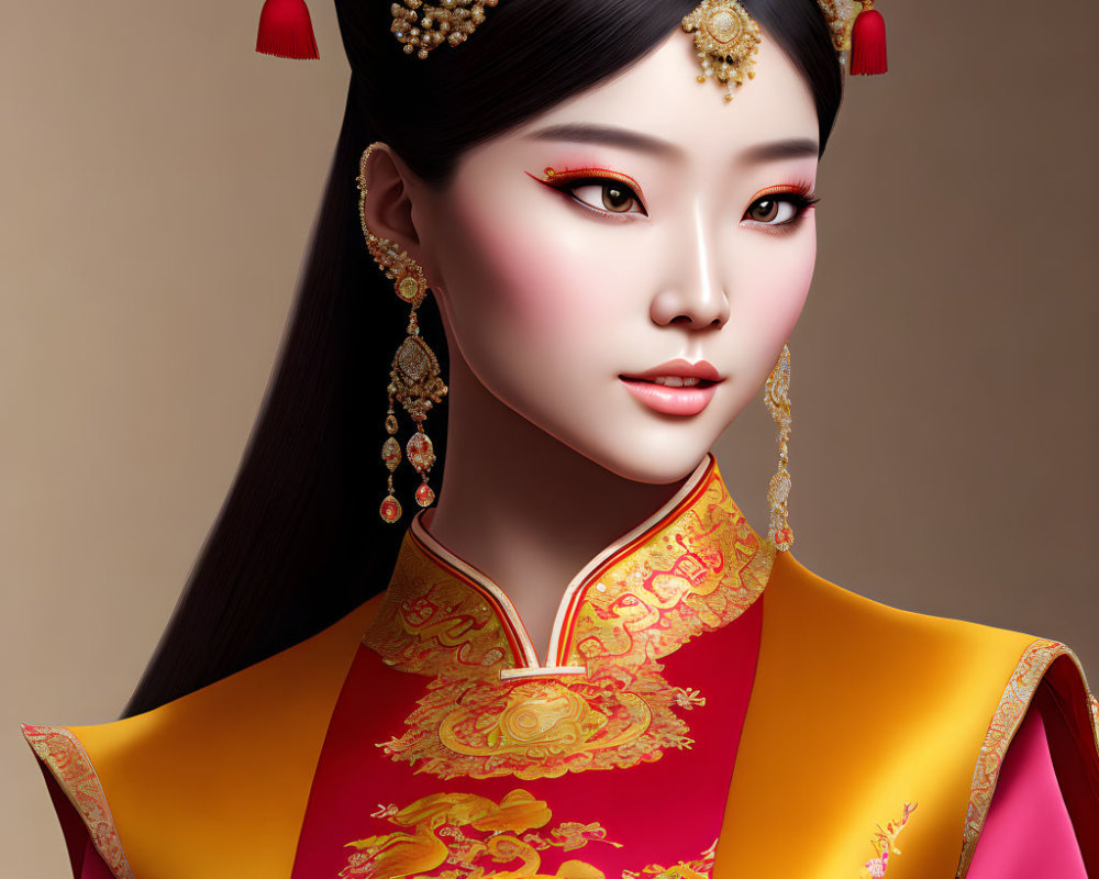 Traditional Chinese Attire Woman in Elaborate Gold Jewelry