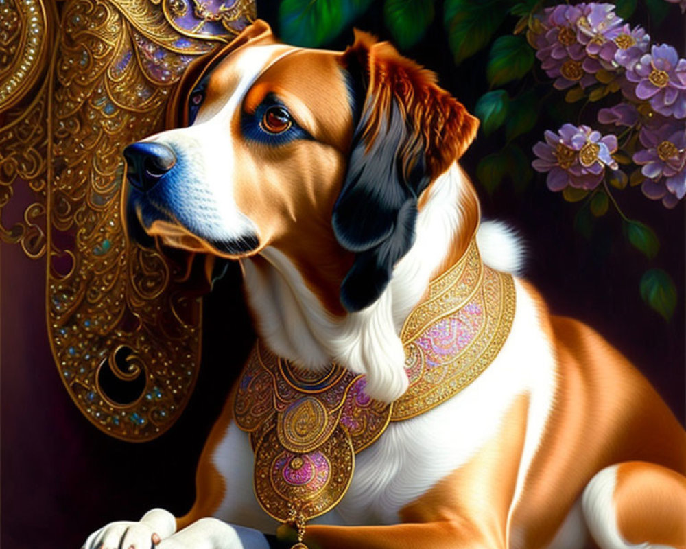 Regal Dog with Golden Accessories in Lush Purple Flower Setting