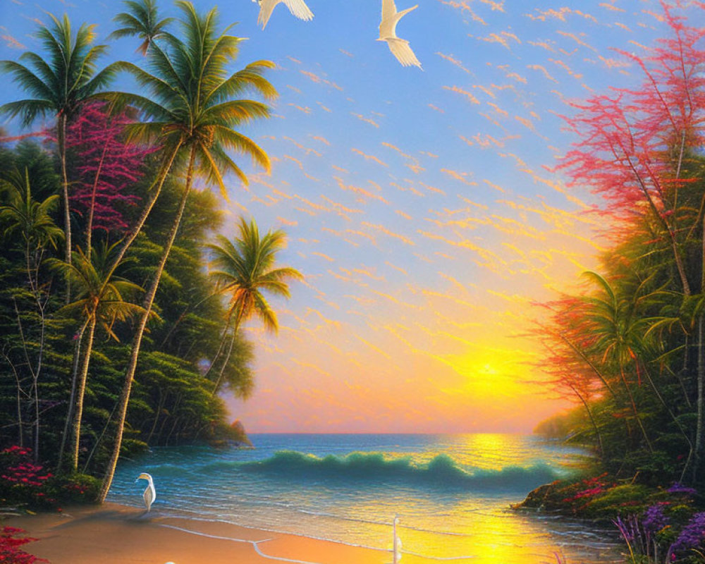 Scenic tropical beach sunset with palm trees and birds