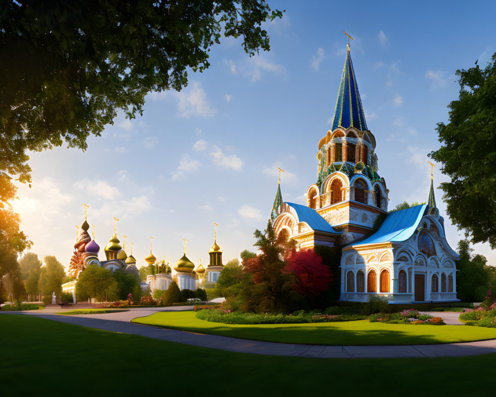 Colorful Onion-Domed Church Surrounded by Greenery at Sunset