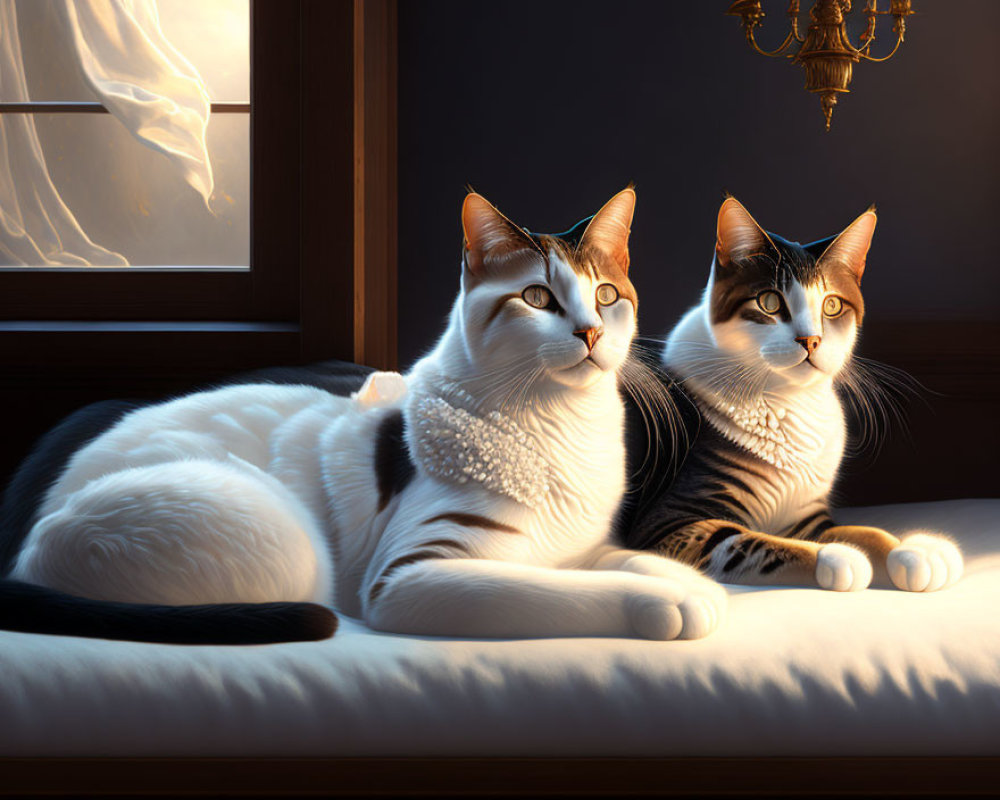 Two cats with unique fur patterns relaxing on a sunlit window sill.