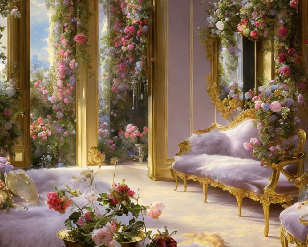 Luxurious Room with Golden Mirrors, Gilded Sofa, and Roses