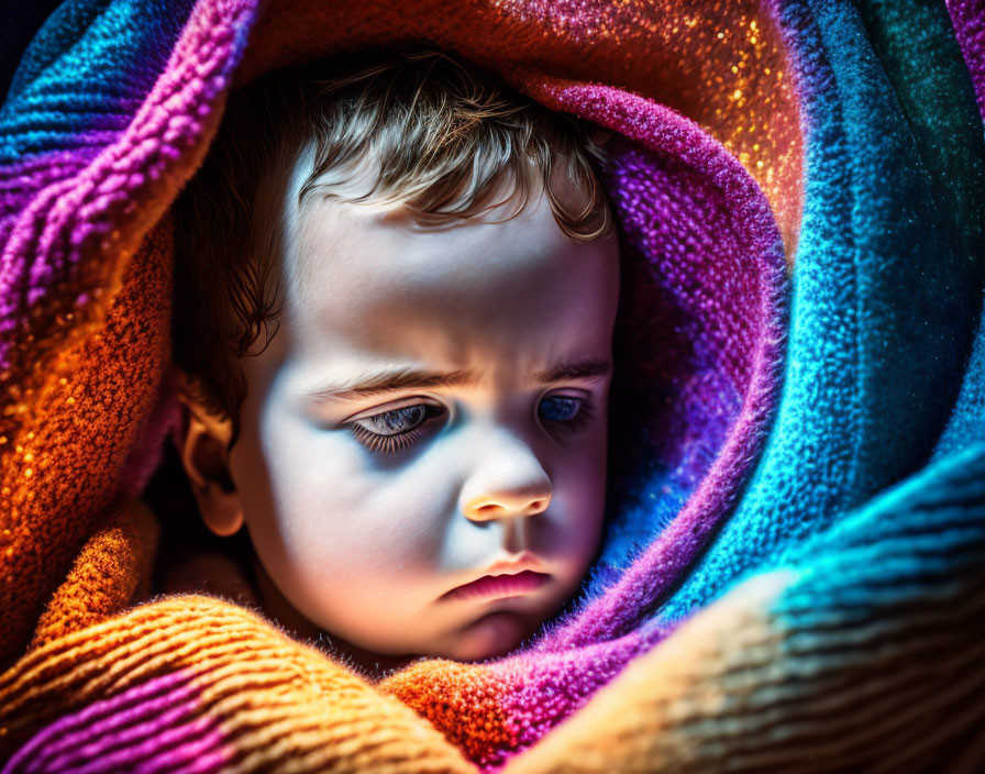 Thoughtful toddler wrapped in colorful knitted blanket under warm light