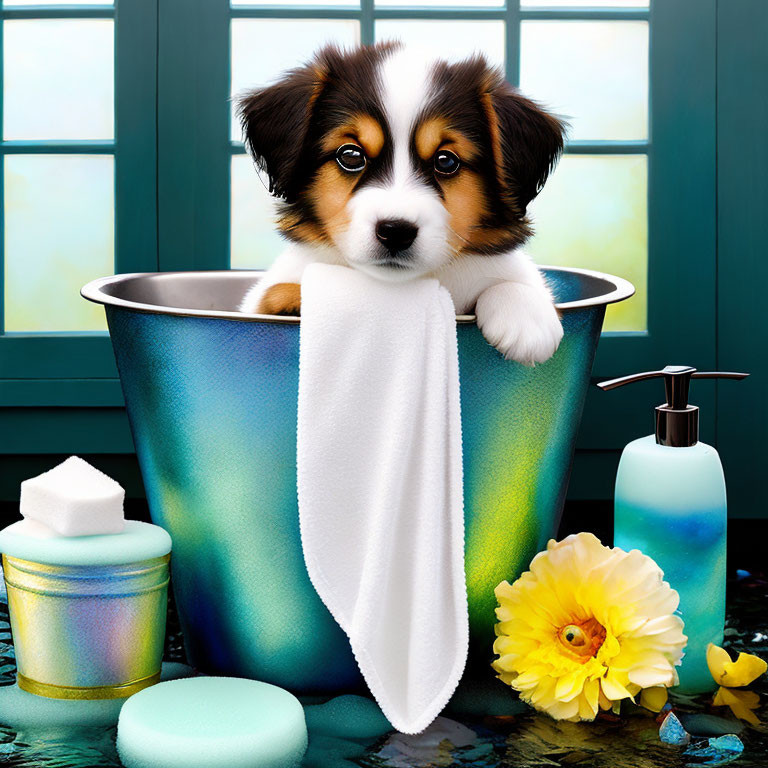 Adorable puppy bathed in basin with soap and flower