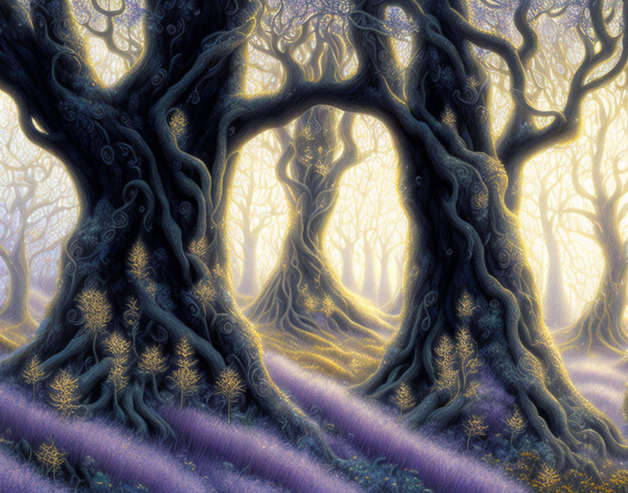 Twisted trees and purple flora in mystical forest scene