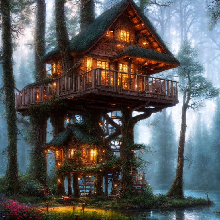 Enchanting treehouse in misty twilight forest with lit windows