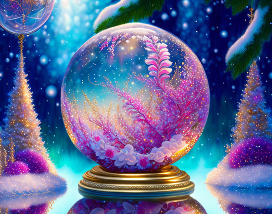 Colorful Snow Globe with Pink Tree and Christmas Trees Under Starry Sky