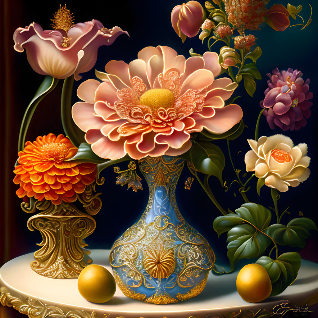 Colorful still-life painting with flowers, lemons, and vase on dark background