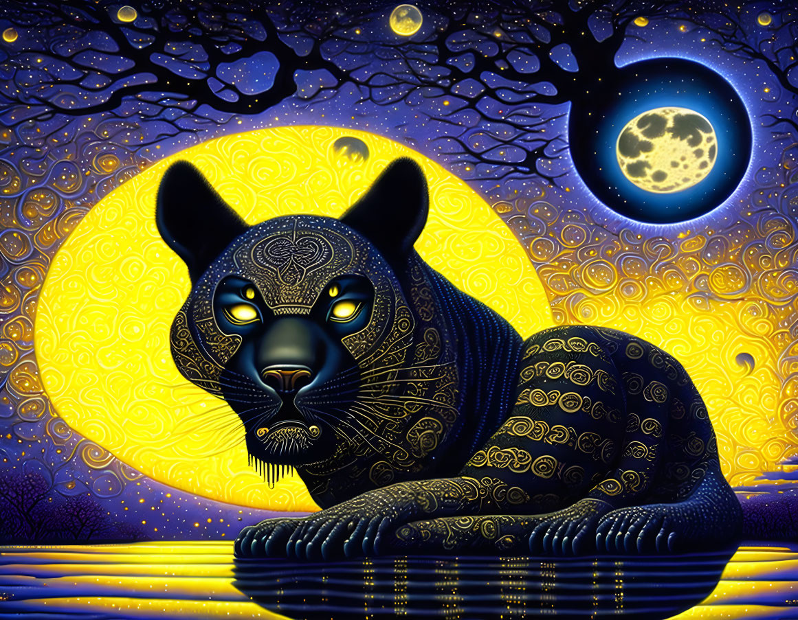 Black Panther Artwork: Stylized feline under full moon and stars