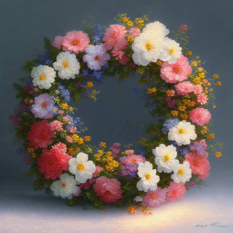 Colorful Floral Wreath with Pink, White, Yellow Flowers on Grey Background