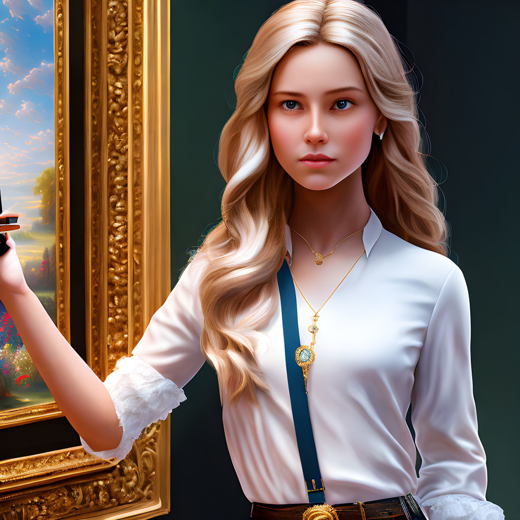 Blonde Woman Portrait in White Blouse Holding Picture Frame