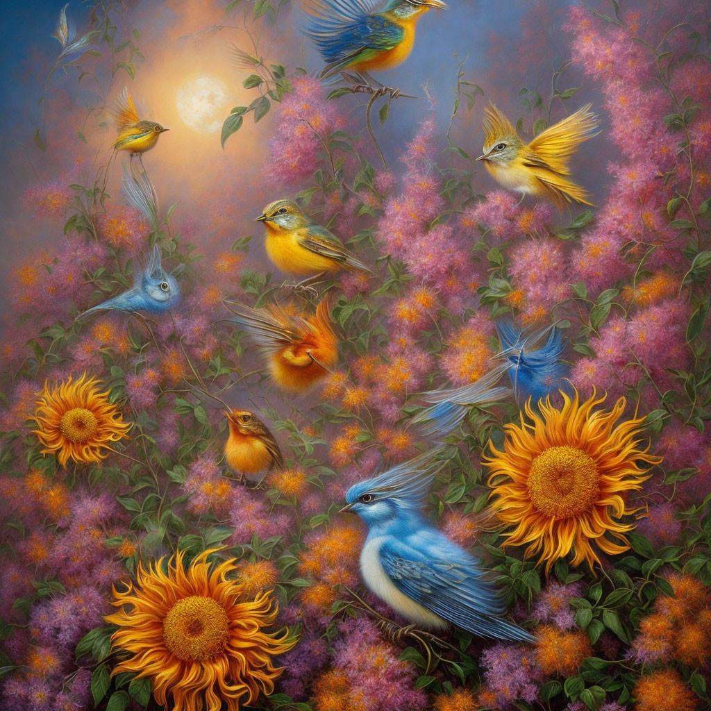 Colorful Birds Flying Among Flowers and Sunflowers in Moonlit Sky