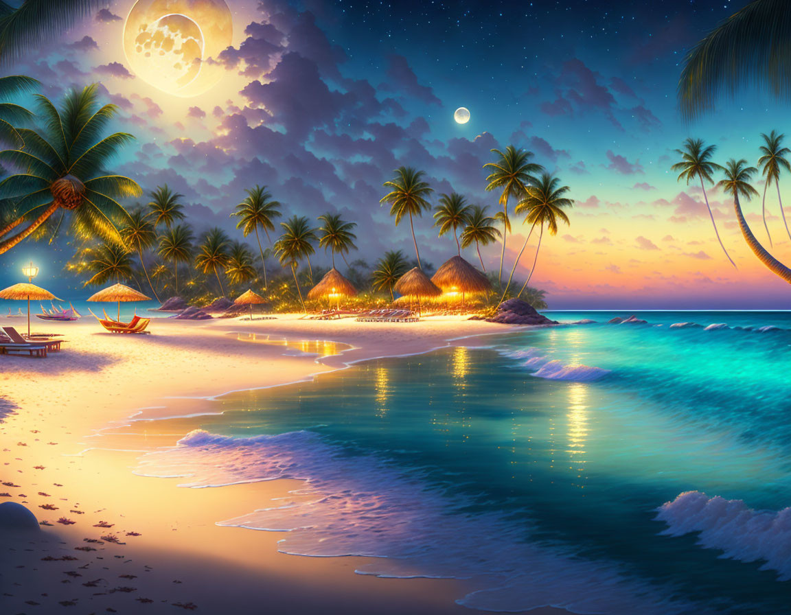 Night Beach Scene with Palm Trees, Thatched Huts, Moon, Stars, and Lavender Sky