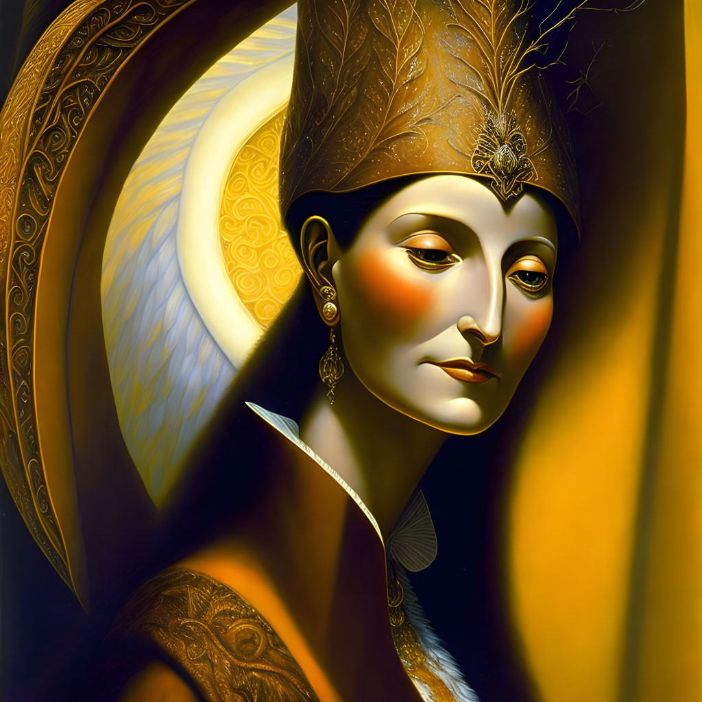 Golden-hued woman portrait with headdress and crescent moon background