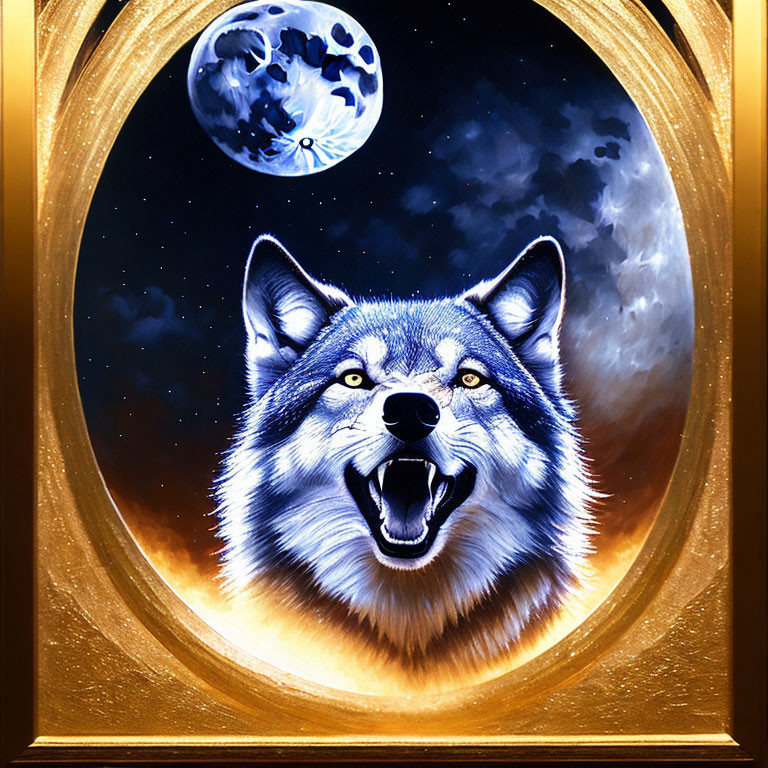 Colorful wolf head with open mouth under starry night sky and full moon in gold frame