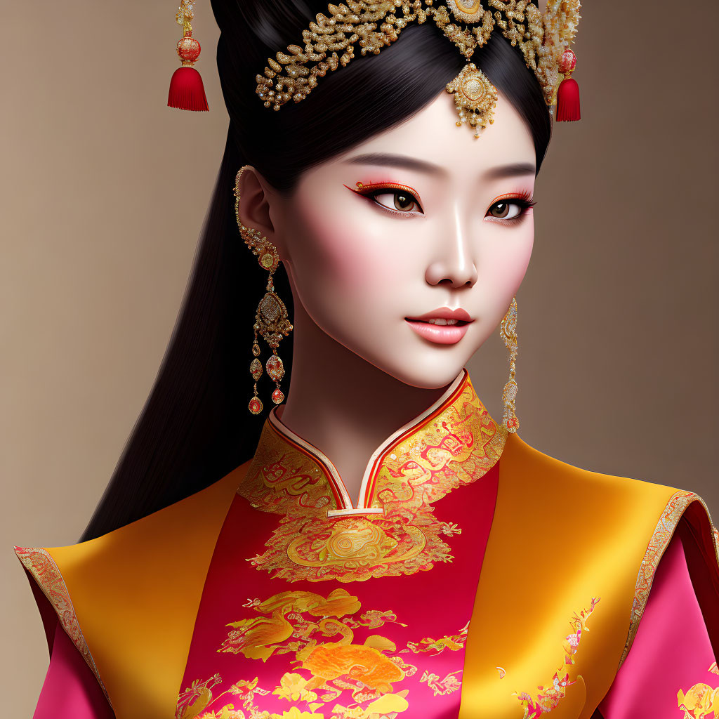 Traditional Chinese Attire Woman in Elaborate Gold Jewelry