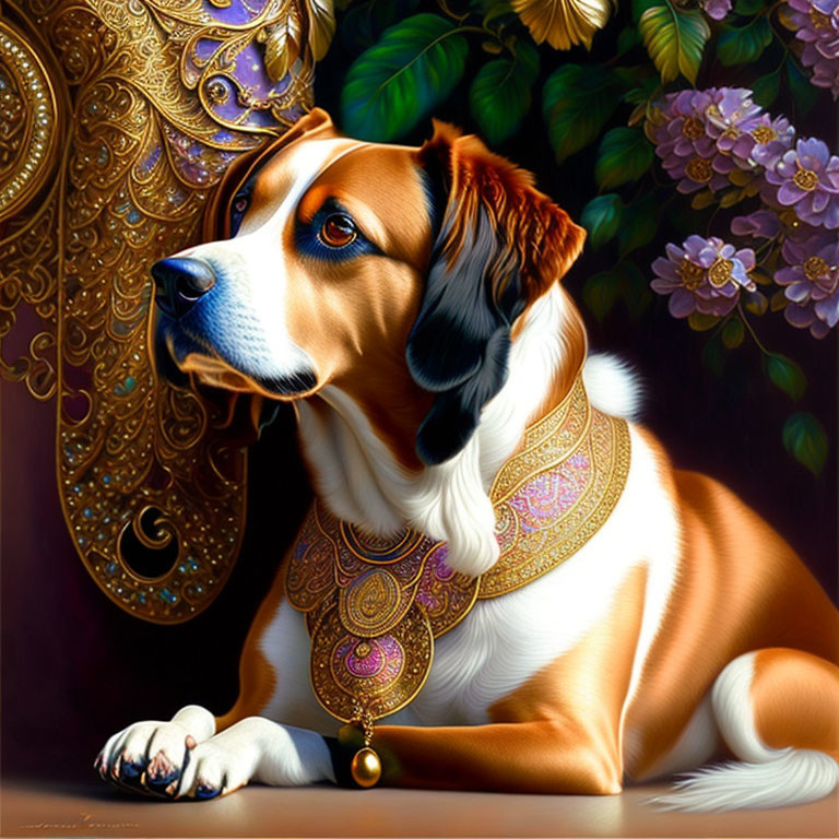 Regal Dog with Golden Accessories in Lush Purple Flower Setting