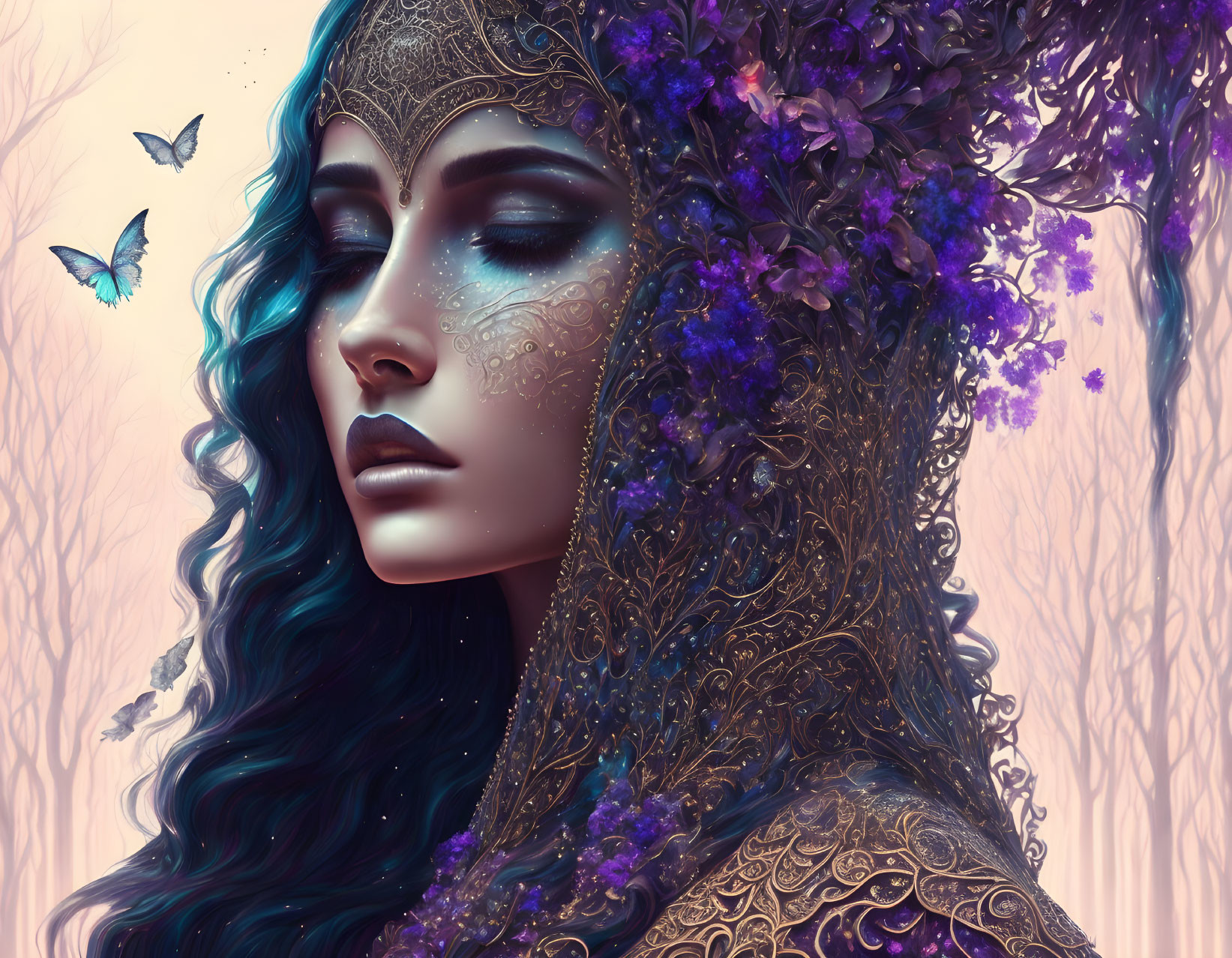 Illustrated portrait of woman with blue skin, golden tiara, flower cloak, and butterflies.