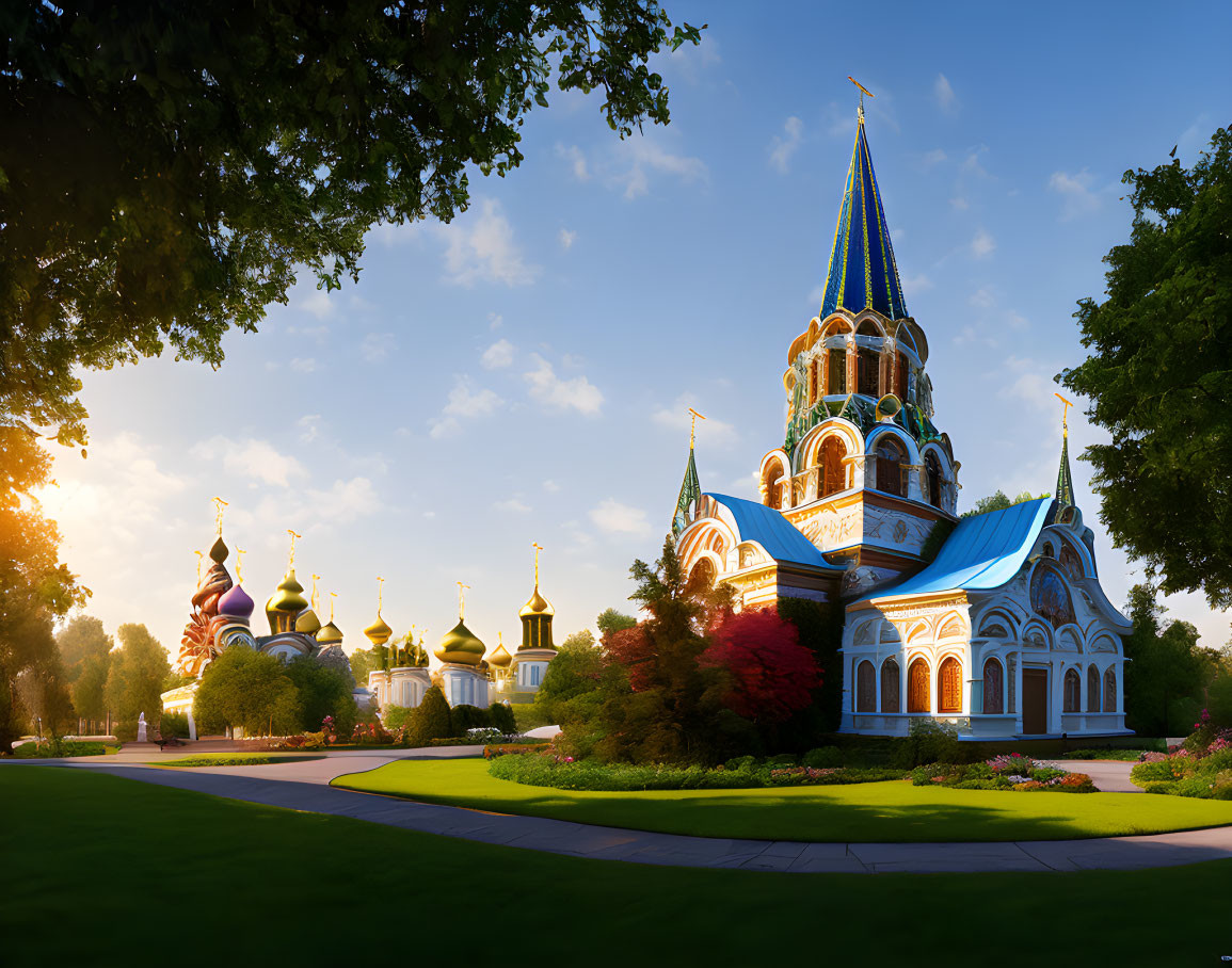 Colorful Onion-Domed Church Surrounded by Greenery at Sunset