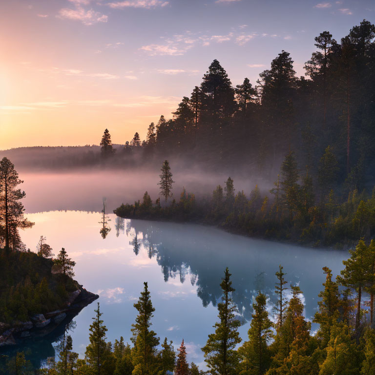 Tranquil sunrise over misty forest lake and silhouetted pine trees