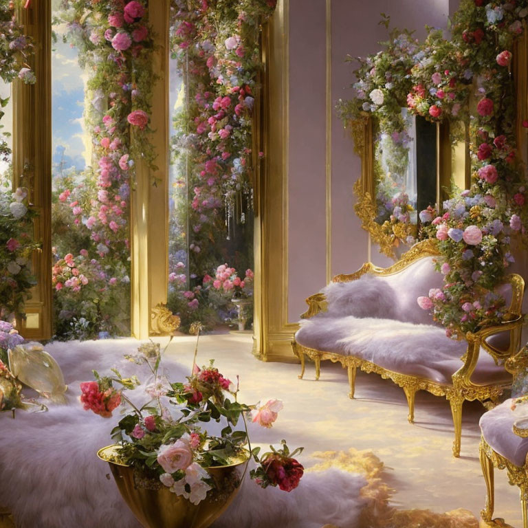 Luxurious Room with Golden Mirrors, Gilded Sofa, and Roses