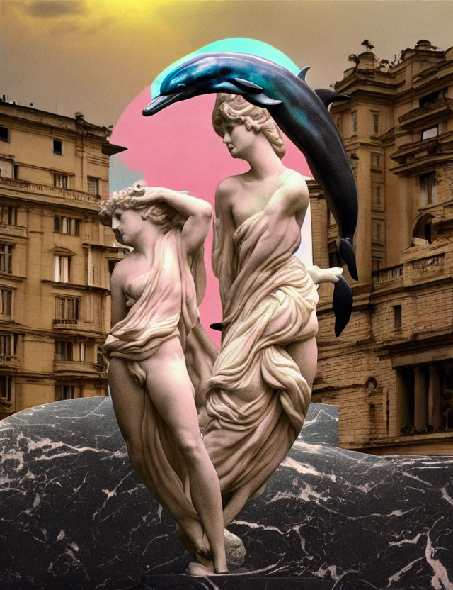 Classical statue of figures with dolphin in surreal scene against pink circle