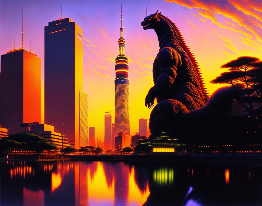 Giant Godzilla in vibrant cityscape at sunset