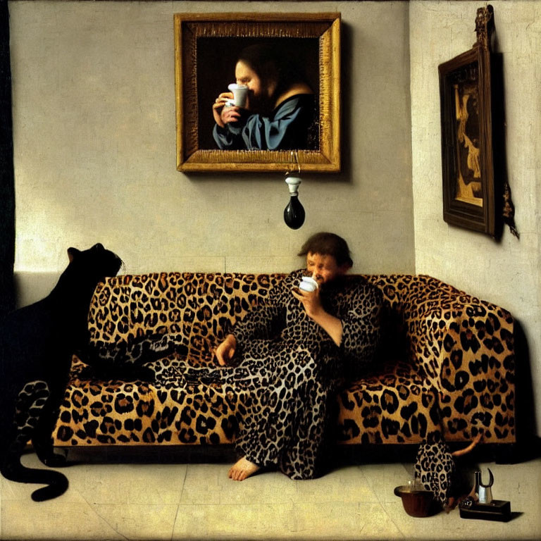 Leopard Print Pajama Person Mimics Painting Scene