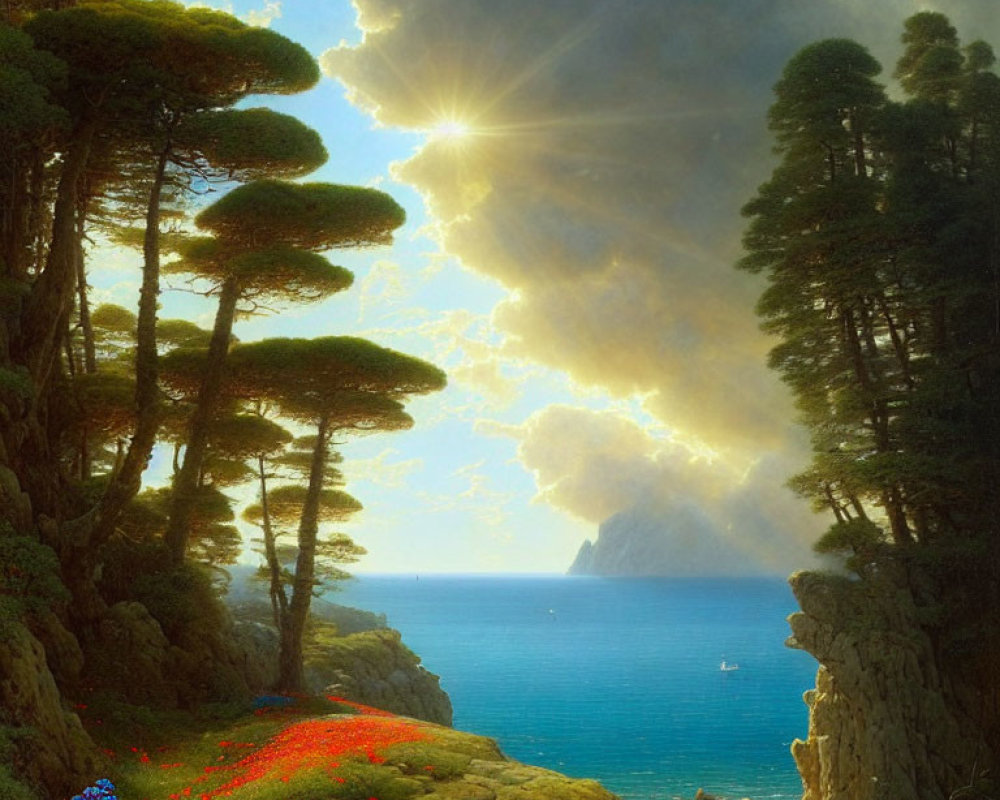 Tranquil coastal scene with tall trees, sunny sky, flowered path, and sailboats.