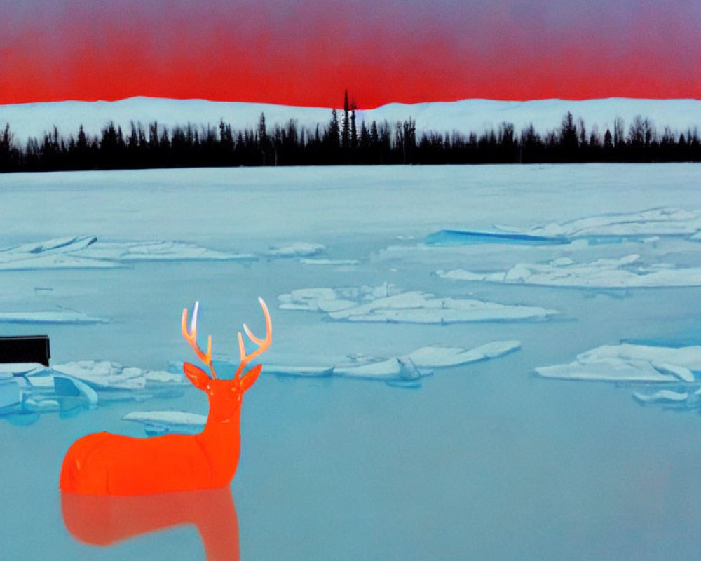 Bright orange deer with antlers in snowy landscape and red sky