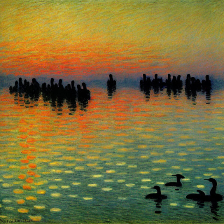 Sunset Impressionist Painting: Orange and Yellow Hues Reflecting on Water