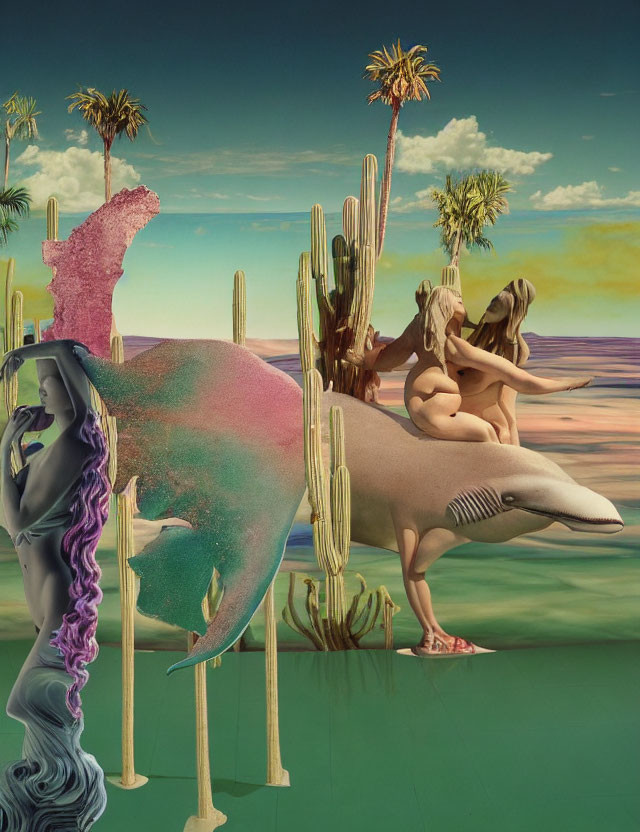 Surreal Artwork Featuring Statue, Dolphin, Hybrids, and Cacti in Desert