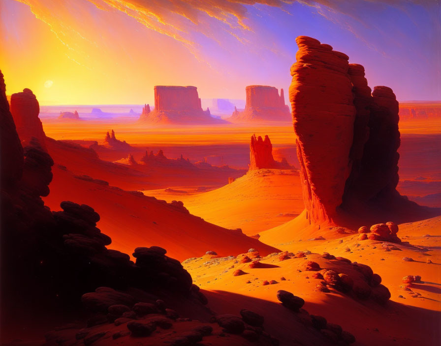 Desert landscape with sandstone buttes at sunset