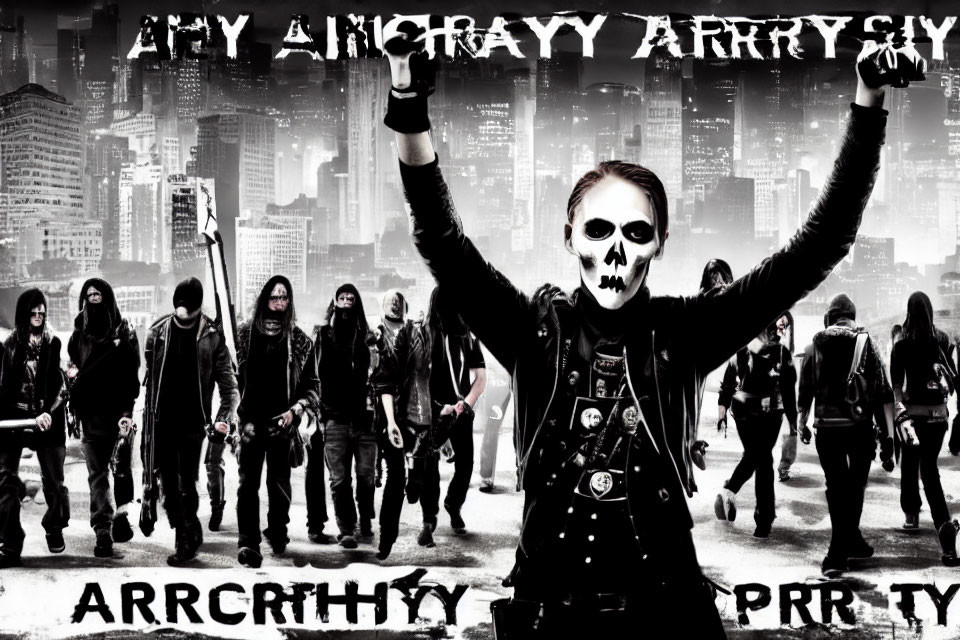 Group of People in Skull Masks with Anarchic Attire in Cityscape Background and Overlay Text