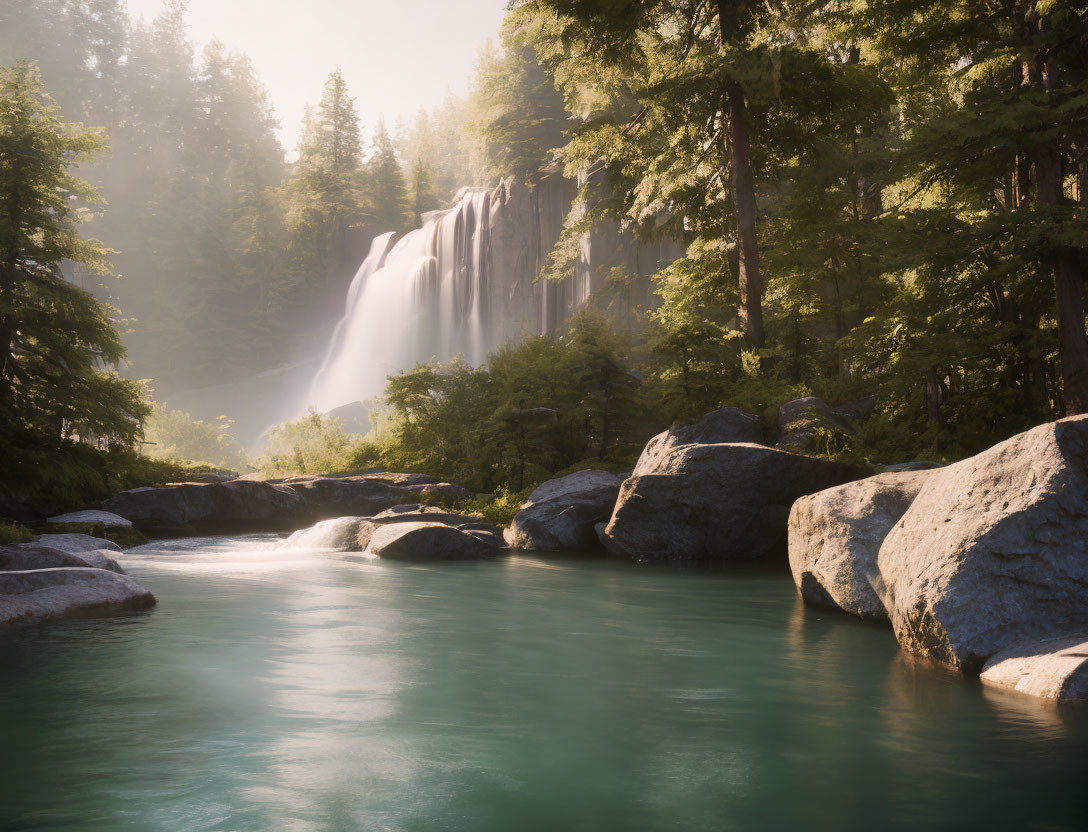 Tranquil river with serene waterfall and lush forest landscape