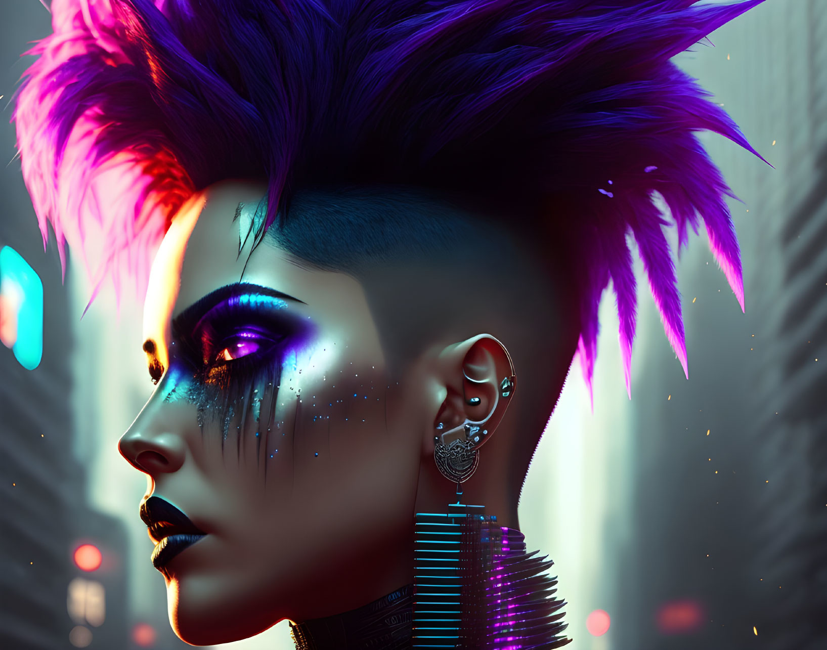 Colorful digital artwork: person with mohawk and futuristic makeup in neon-lit setting