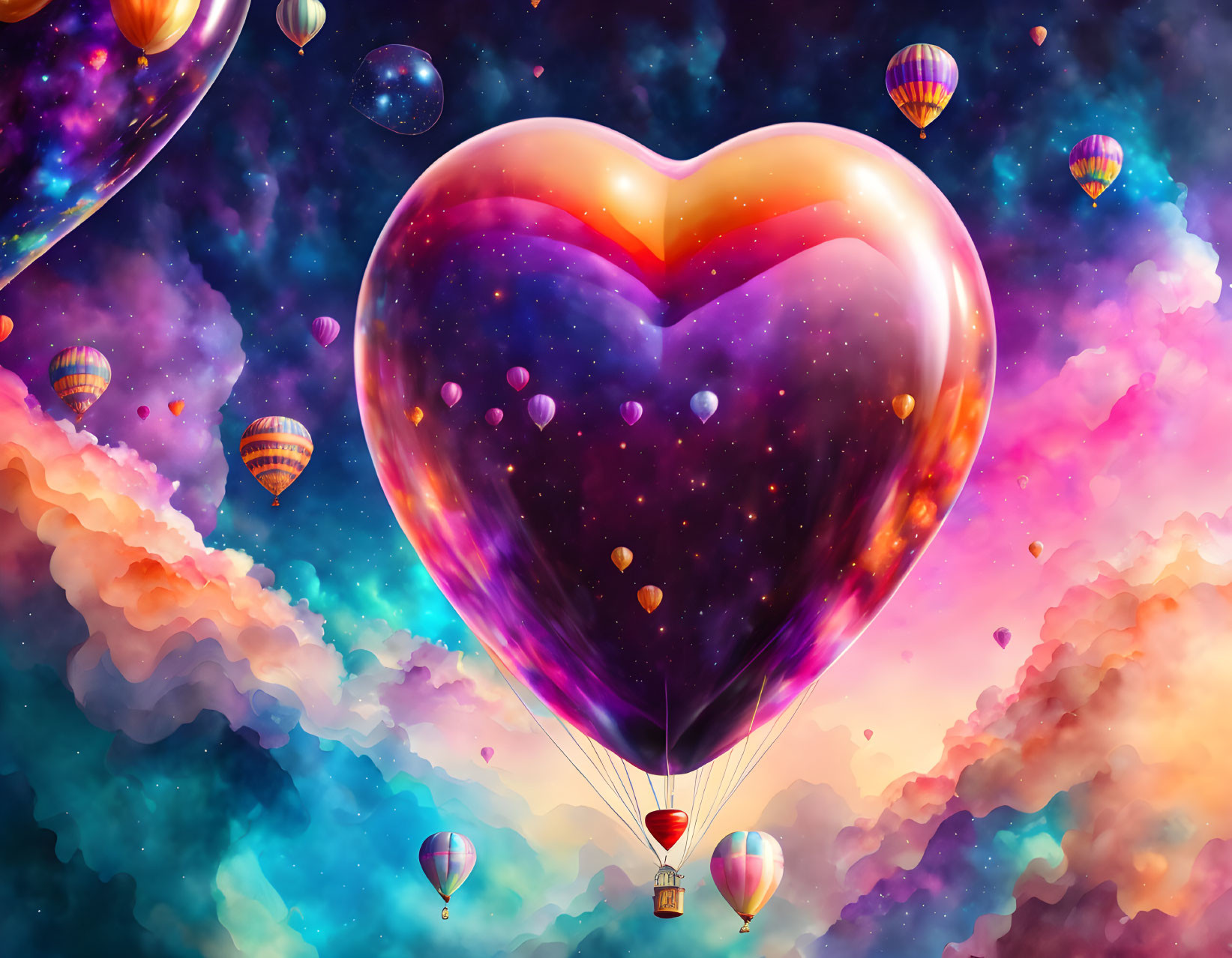 Colorful Heart-shaped Hot Air Balloon Soaring in Cosmic Sky