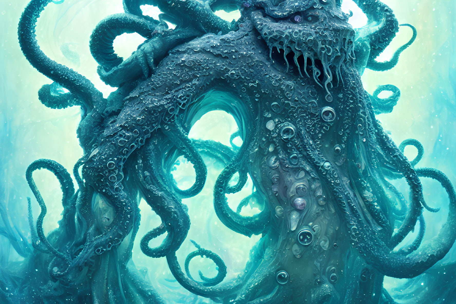 Detailed illustration of giant octopus with multiple tentacles in blue underwater setting