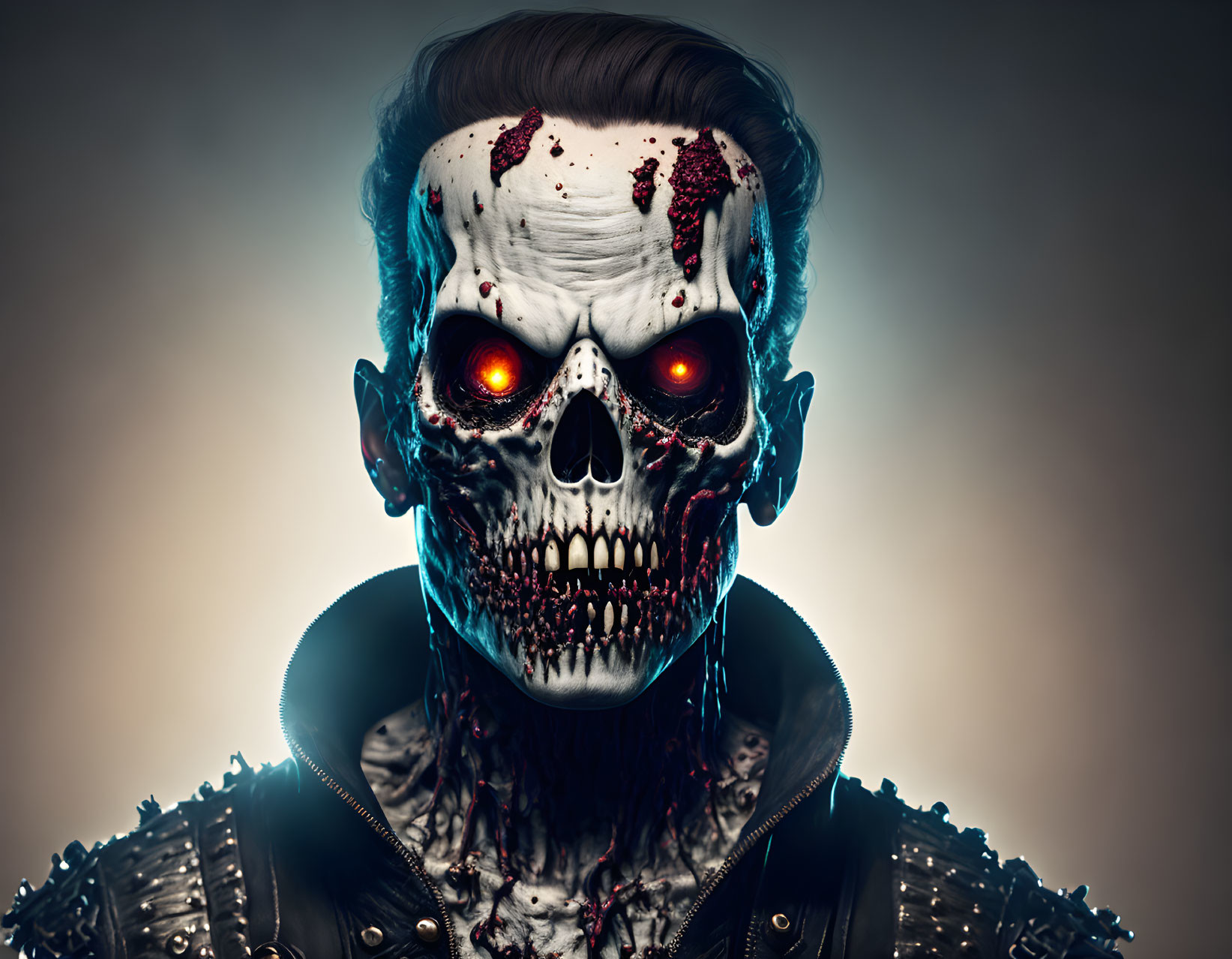 Menacing skull with glowing red eyes in studded leather jacket emits eerie vibe