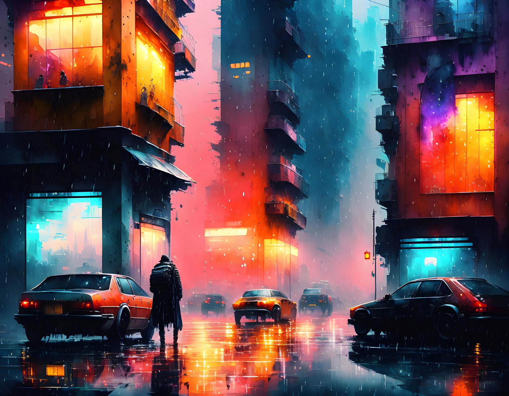 Futuristic cyberpunk cityscape with neon lights, rain, and lone figure