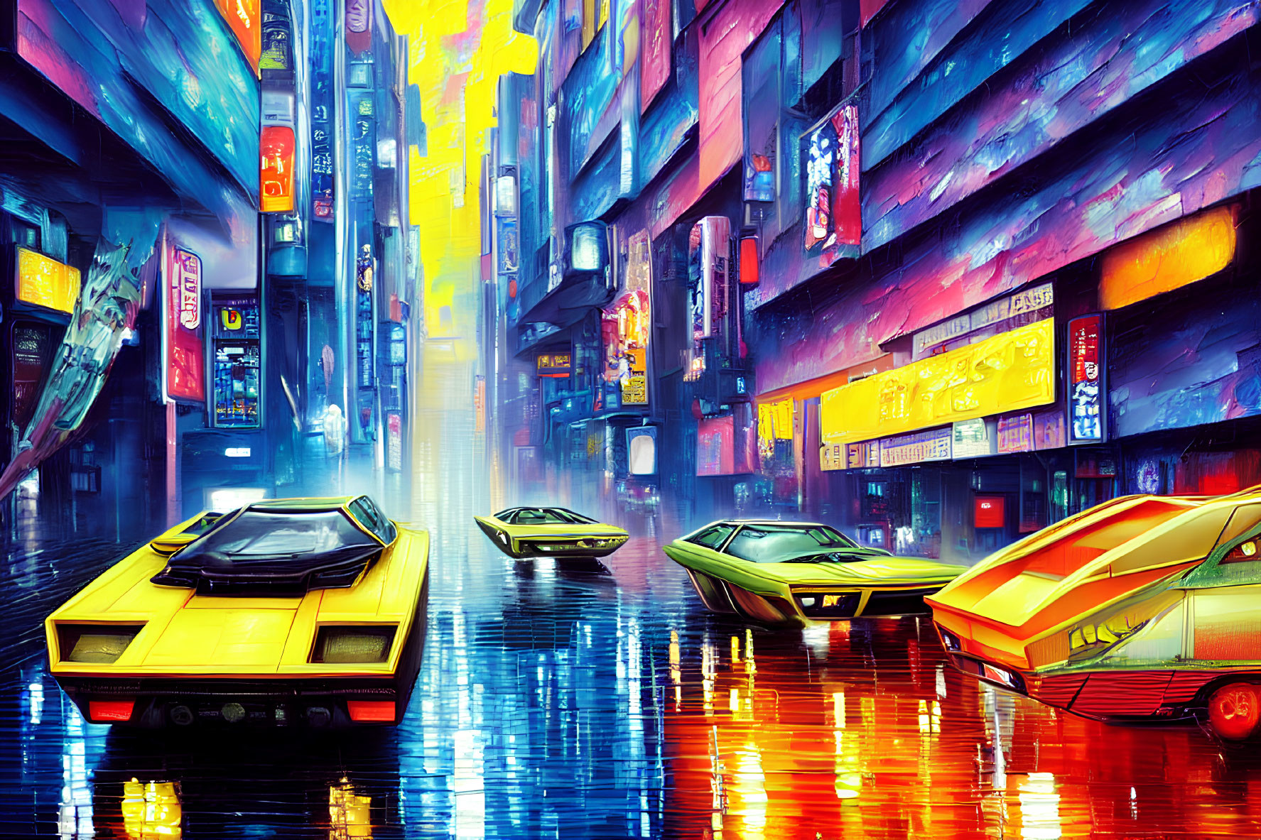 Futuristic neon-lit city street with colorful hovercars in the rain