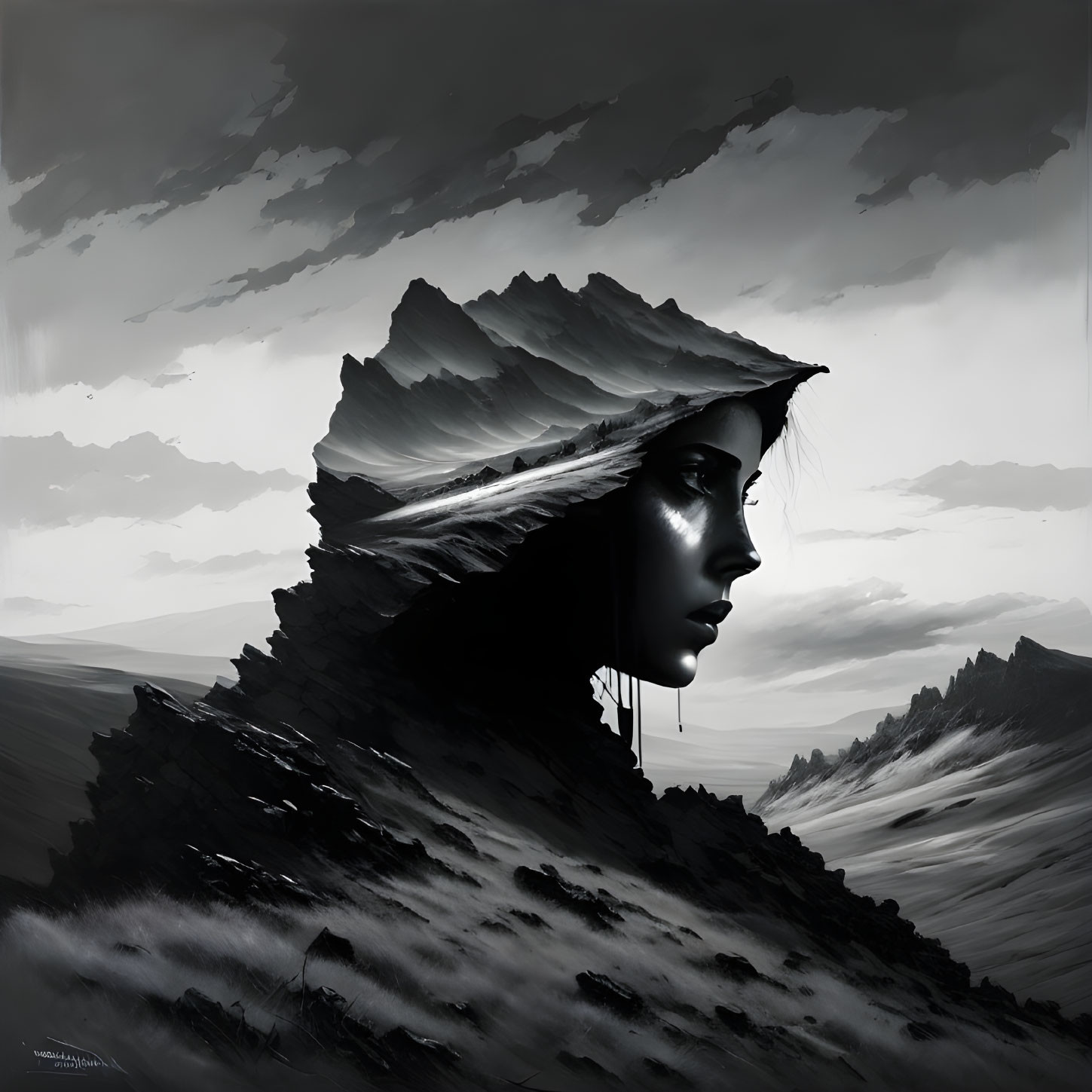 Monochromatic artwork blends woman's profile with rugged landscape