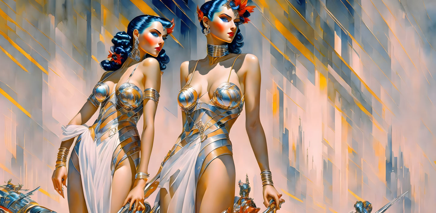 Futuristic female androids in metallic outfits against cityscape