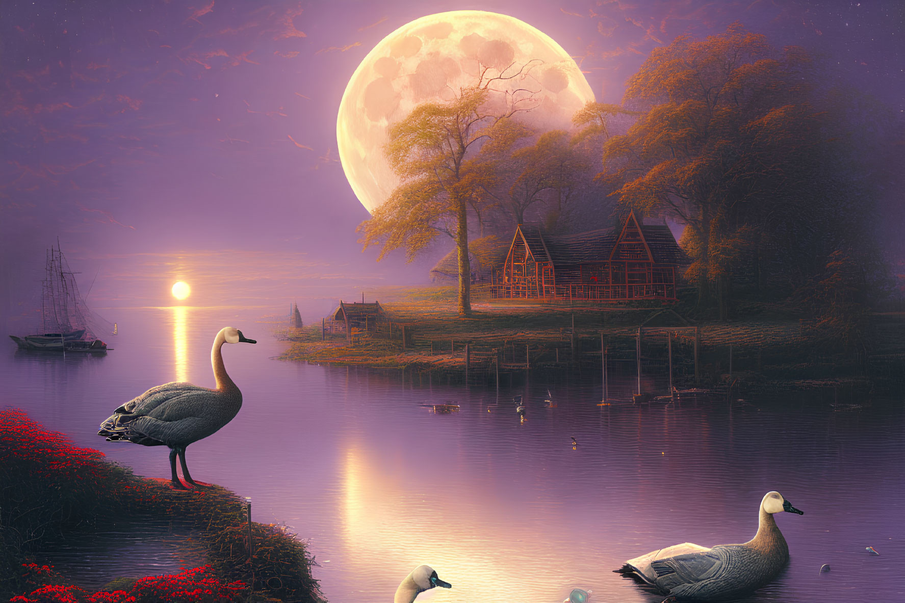 Tranquil lakeside twilight with moonrise, geese, cabin, and sailboat