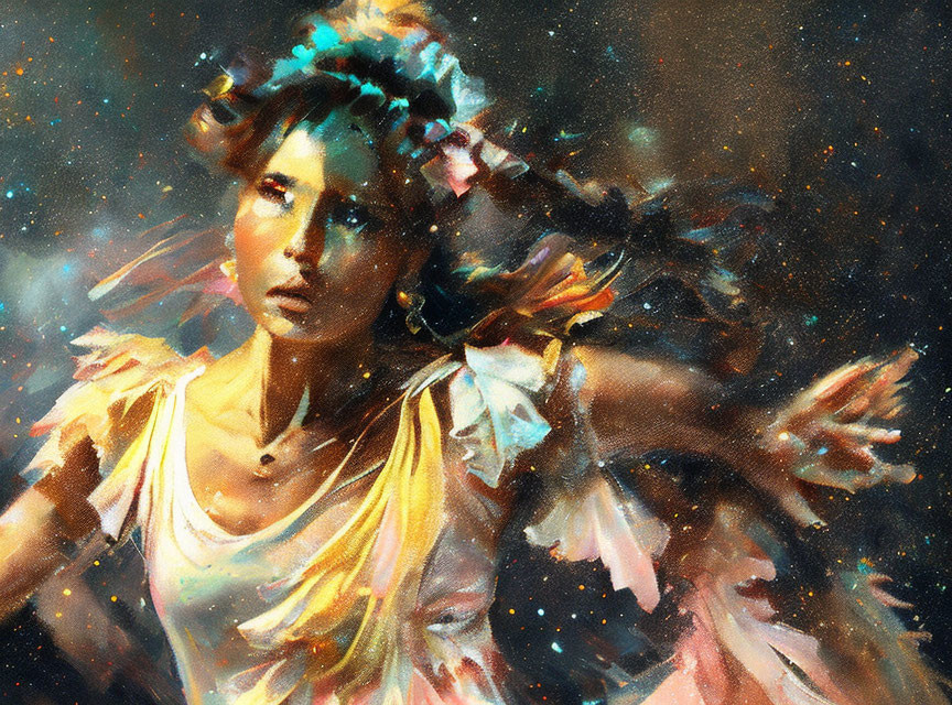 Ethereal woman in cosmic star-filled background