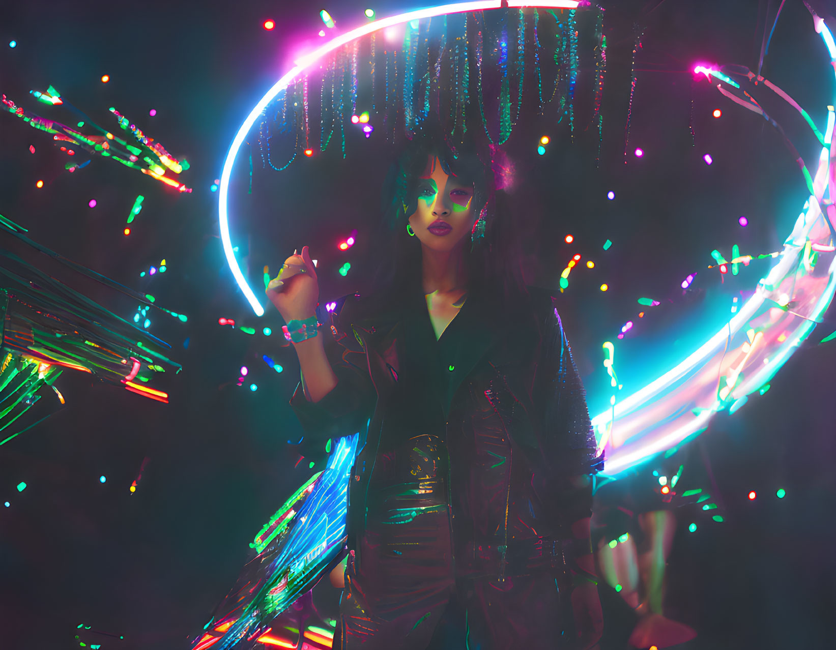 Stylish woman in futuristic neon setting with vibrant light trails