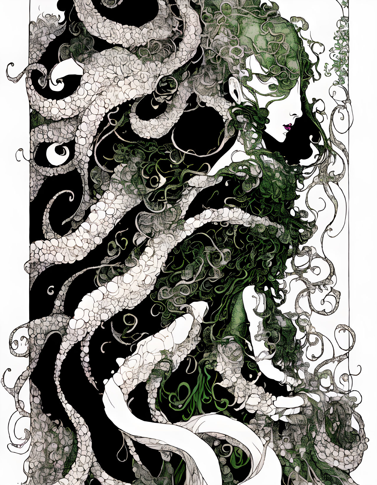 Detailed monochrome illustration: Woman with ornate swirls and tentacle-like shapes