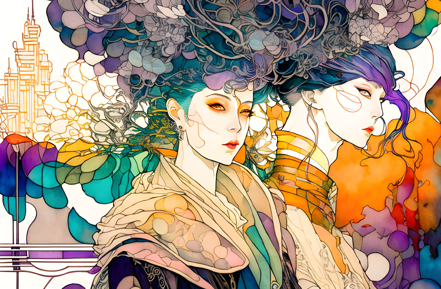 Abstract Art: Stylized women with intricate hairstyles in vibrant setting